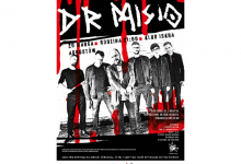   Plakat Dr Misio w Augustowie! 20 marca godz. 21.00 Klub Iskra Augustów czarno-białe zdjęcie członków zespołu
