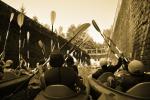 Black and white photo showing the canoeists in the lock of the Augustowski Canal, photo: J.Koniecko